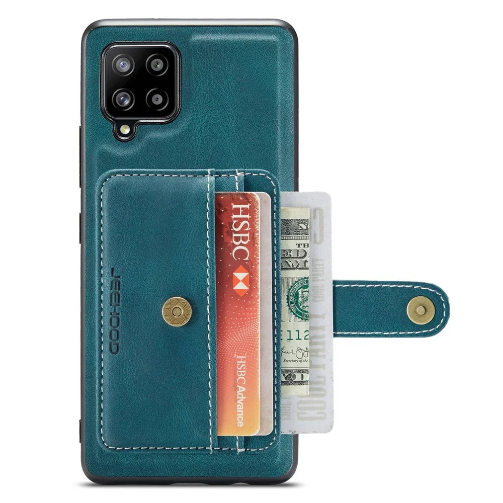 JEEHOOD for Samsung Galaxy A12 Strong Magnet Wallet Detachable Design Phone Protector Leather Coated TPU RFID Blocking Case - Blue - 2