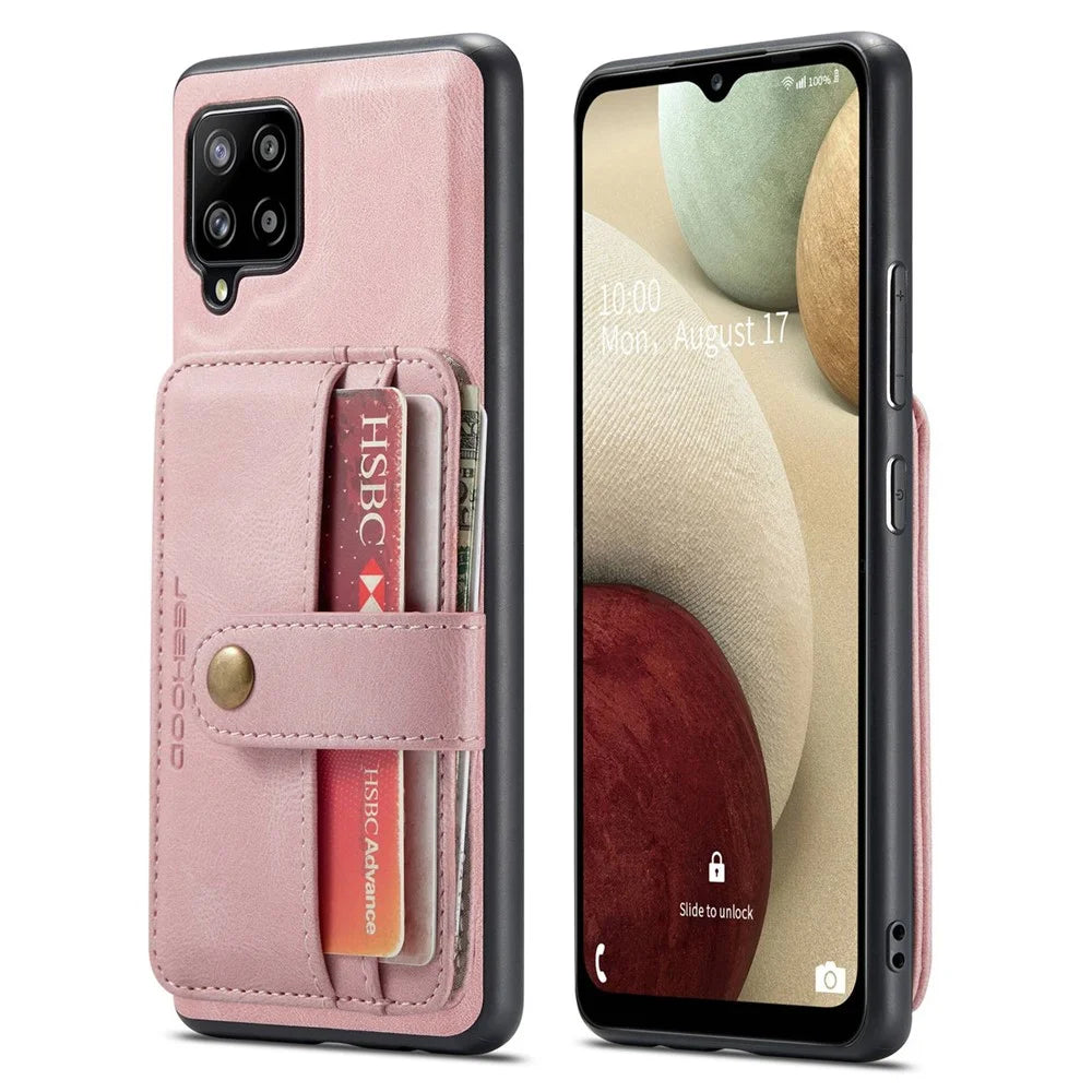 JEEHOOD for Samsung Galaxy A22 4G (EU Version) Drop-proof Anti-scratch Magnetic Wallet Detachable Design Cover Leather Coated TPU RFID Blocking Phone Case - Pink - 1