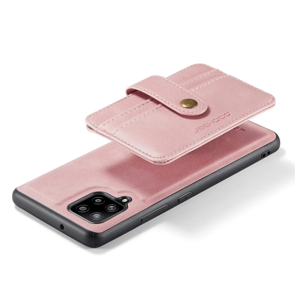 JEEHOOD for Samsung Galaxy A22 4G (EU Version) Drop-proof Anti-scratch Magnetic Wallet Detachable Design Cover Leather Coated TPU RFID Blocking Phone Case - Pink - 3