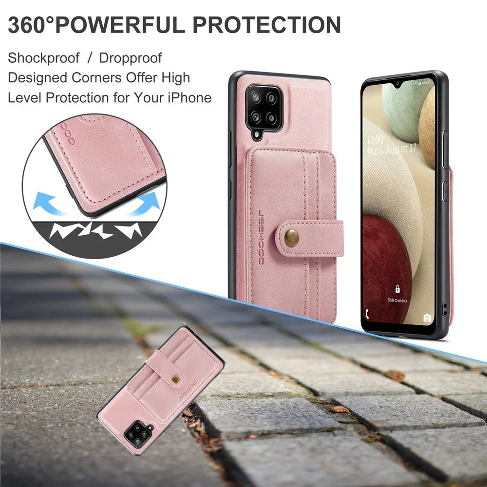 JEEHOOD for Samsung Galaxy A22 4G (EU Version) Drop-proof Anti-scratch Magnetic Wallet Detachable Design Cover Leather Coated TPU RFID Blocking Phone Case - Pink - 4