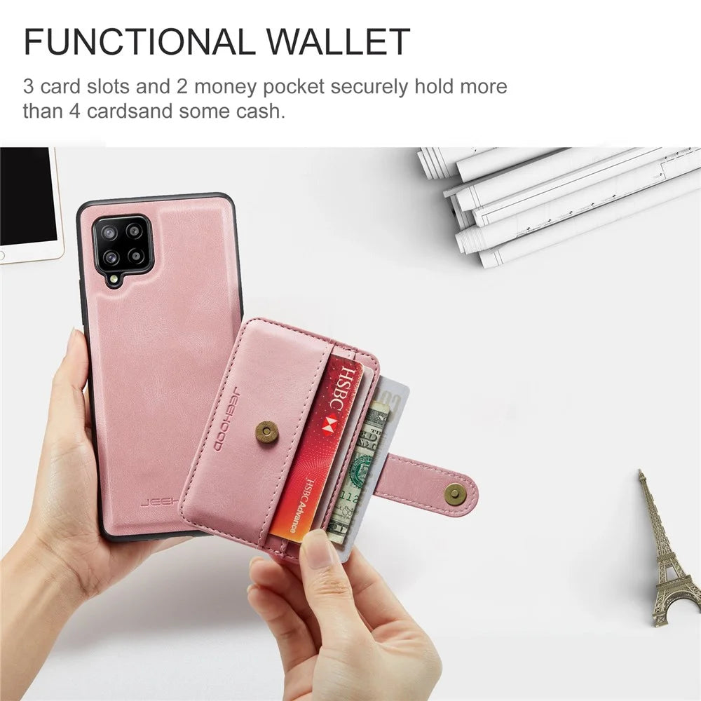 JEEHOOD for Samsung Galaxy A22 4G (EU Version) Drop-proof Anti-scratch Magnetic Wallet Detachable Design Cover Leather Coated TPU RFID Blocking Phone Case - Pink - 5