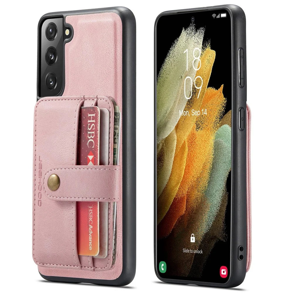 JEEHOOD Detachable Case for Samsung Galaxy S21+ 5G Independent Wallet Design PU Leather Coated TPU RFID Blocking Phone Shell - Pink - 1