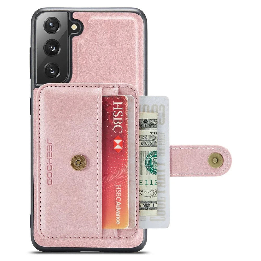 JEEHOOD Detachable Case for Samsung Galaxy S21 4G/5G Wallet Function Leather Coated TPU RFID Blocking Mobile Phone Shell - Pink - 2