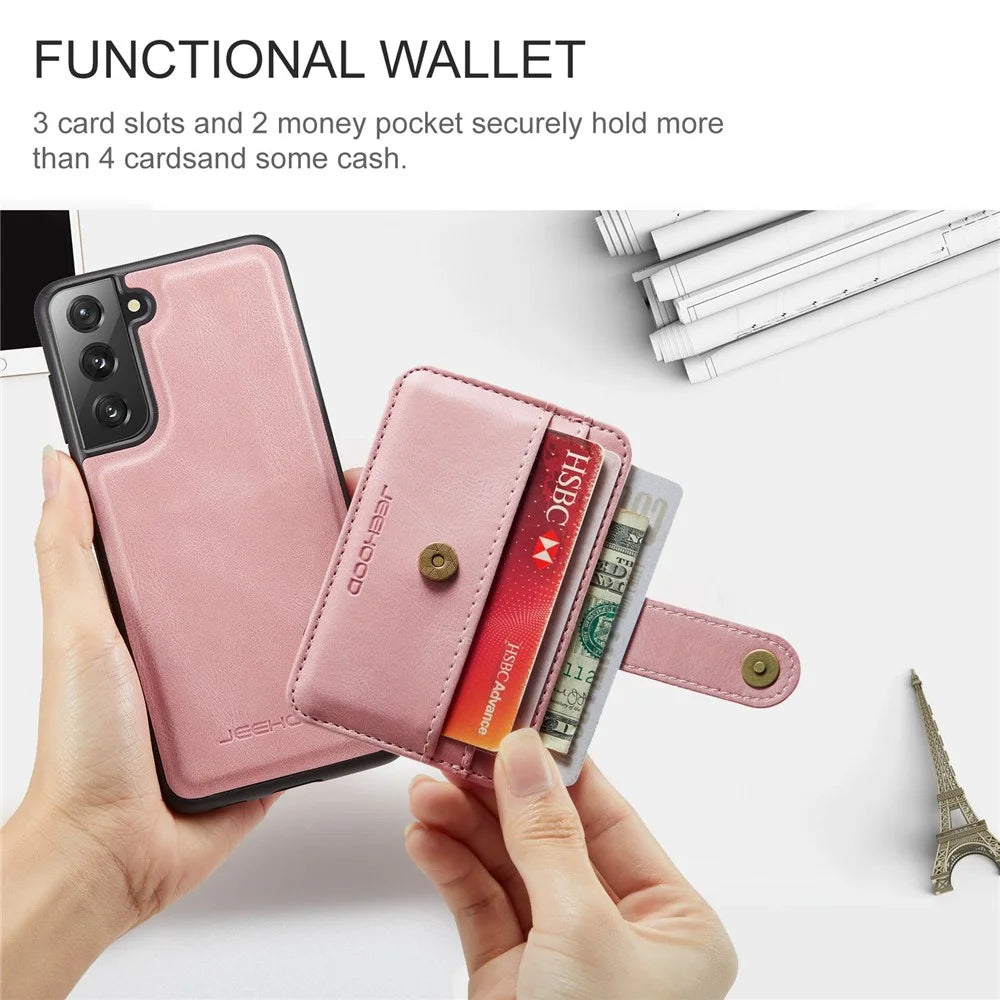 JEEHOOD Detachable Case for Samsung Galaxy S21 4G/5G Wallet Function Leather Coated TPU RFID Blocking Mobile Phone Shell - Pink - 5