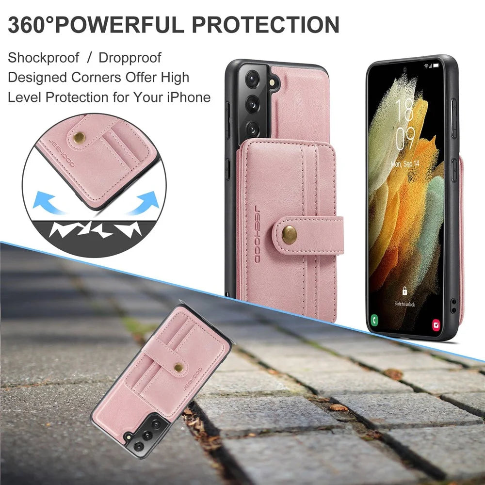JEEHOOD Detachable Case for Samsung Galaxy S21 4G/5G Wallet Function Leather Coated TPU RFID Blocking Mobile Phone Shell - Pink - 6
