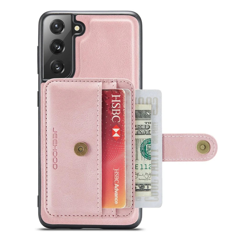 JEEHOOD Anti-Scratch Phone Cover for Samsung Galaxy S21 FE 5G RFID Blocking Wallet Phone Case Shockproof Phone Shell Support Wireless Charging - Pink - 2