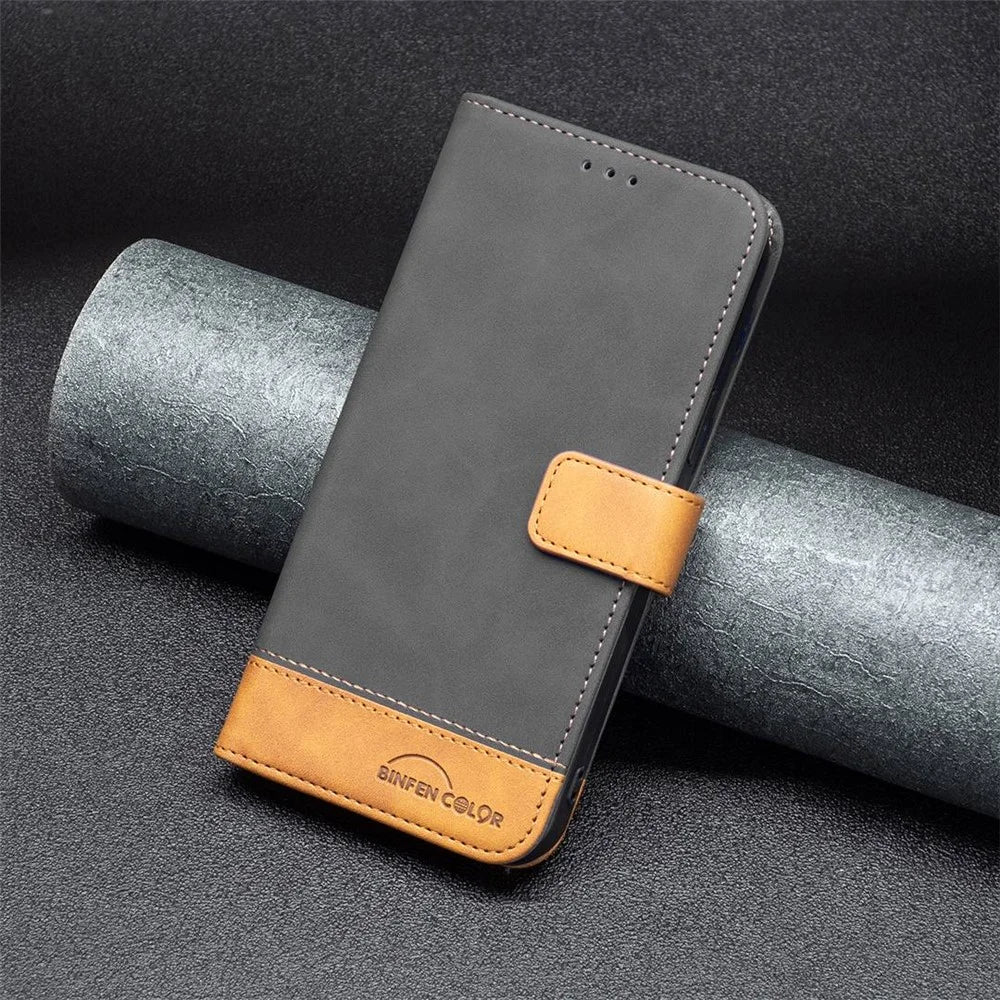 BINFEN COLOR for Samsung Galaxy A41 (Global) Case Color Splicing Skin Touch Leather Phone Cover Wallet Stand - Black - 4