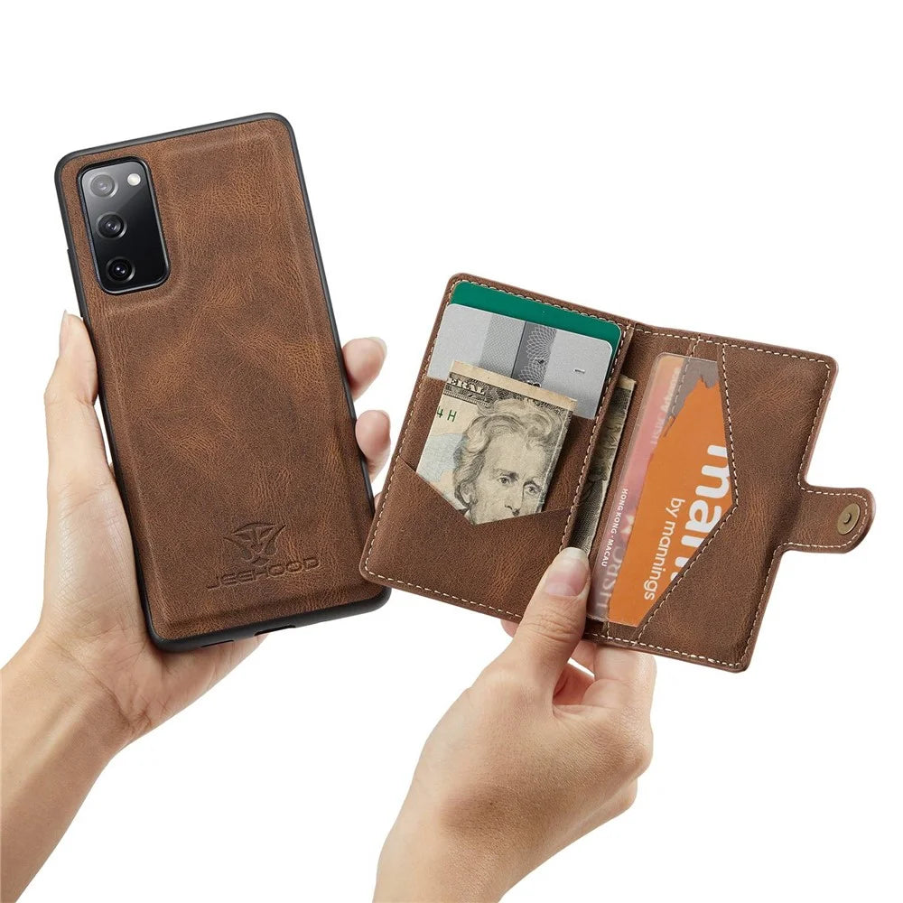 JEEHOOD For Samsung Galaxy S20 FE 2022/S20 FE 4G/S20 FE 5G/S20 Lite Wallet Kickstand Cover Detachable 2-in-1 PU Leather Coated TPU Phone Case - Brown - 5