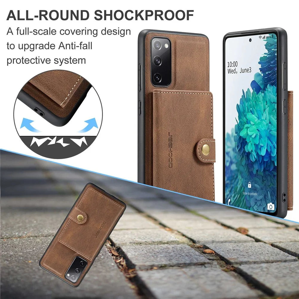 JEEHOOD For Samsung Galaxy S20 FE 2022/S20 FE 4G/S20 FE 5G/S20 Lite Wallet Kickstand Cover Detachable 2-in-1 PU Leather Coated TPU Phone Case - Brown - 6