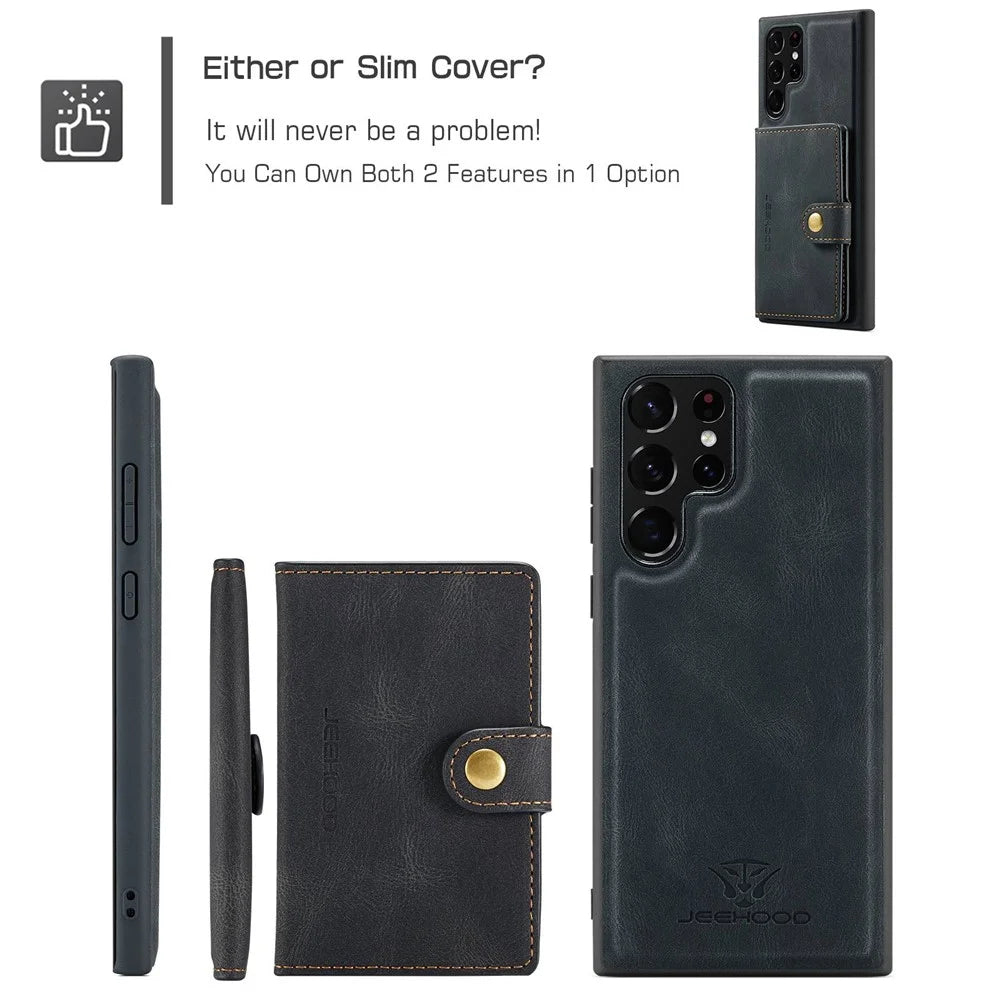 JEEHOOD For Samsung Galaxy S22 Ultra 5G Detachable Leather Coated TPU Case Wallet Kickstand Drop-proof Phone Cover - Black - 7