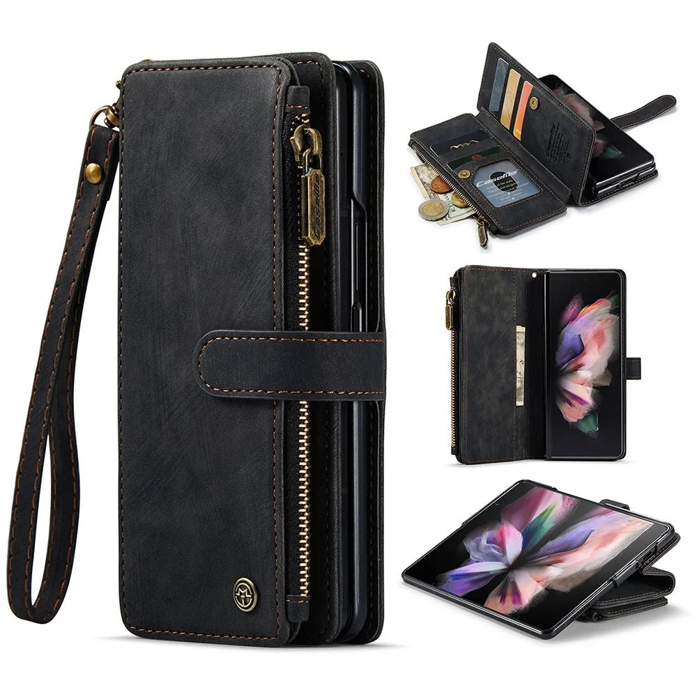 For Samsung Galaxy Z Fold3 5G Phone Cases with Strap CASEME C30 Zipper Multiple Card Holder PU Leather Cover - Black - 1