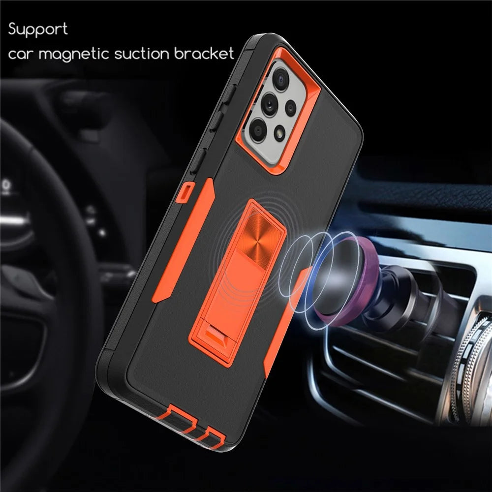 For Samsung Galaxy A52 4G/5G/A52s 5G Kickstand Hard PC + Soft TPU Phone Case with Car Mount Metal Sheet - Black/Orange - 6