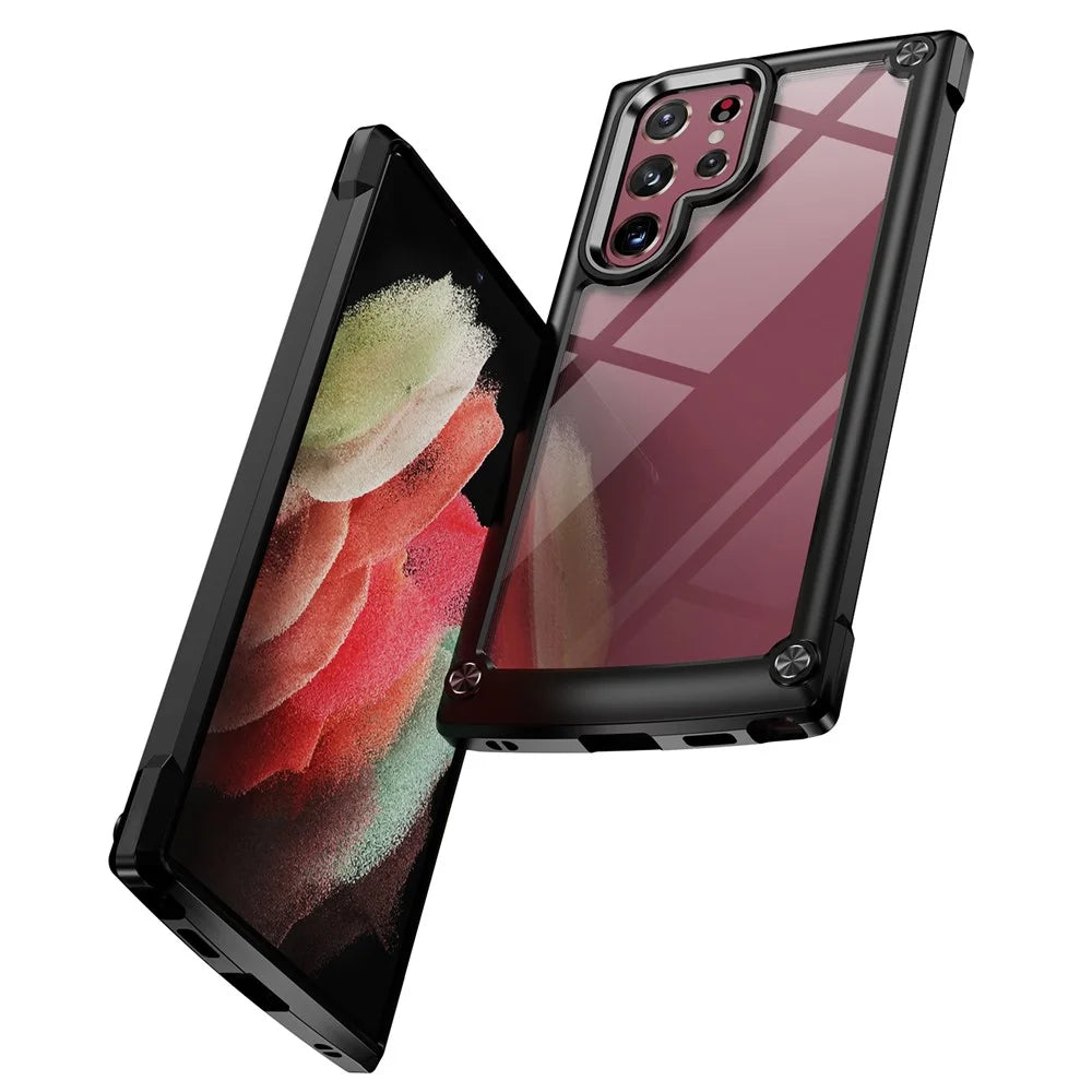 Cell Phone Case for Samsung Galaxy S22 Ultra 5G, Anti-fall PC+TPU Hybrid Well-protected Cover Case with Strap - Black/Black - 2