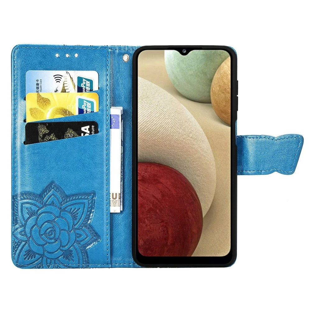 Big Butterfly Imprinting Leather Phone Shell for Samsung Galaxy M33 5G (Global Version), Full Coverage PU Leather Case with Stand Wallet + Handy Strap - Blue - 2