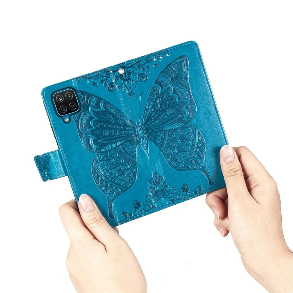 Big Butterfly Imprinting Leather Phone Shell for Samsung Galaxy M33 5G (Global Version), Full Coverage PU Leather Case with Stand Wallet + Handy Strap - Blue - 6