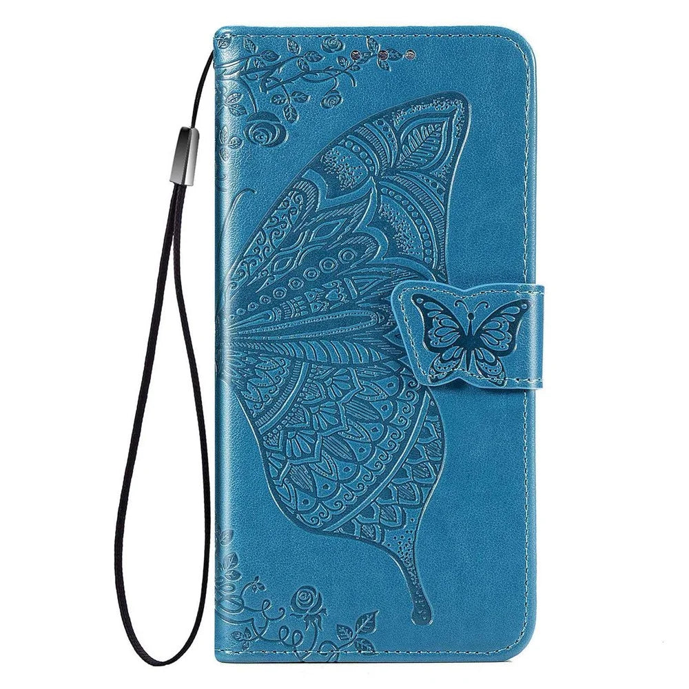 Big Butterfly Imprinting Leather Phone Shell for Samsung Galaxy M33 5G (Global Version), Full Coverage PU Leather Case with Stand Wallet + Handy Strap - Blue - 7