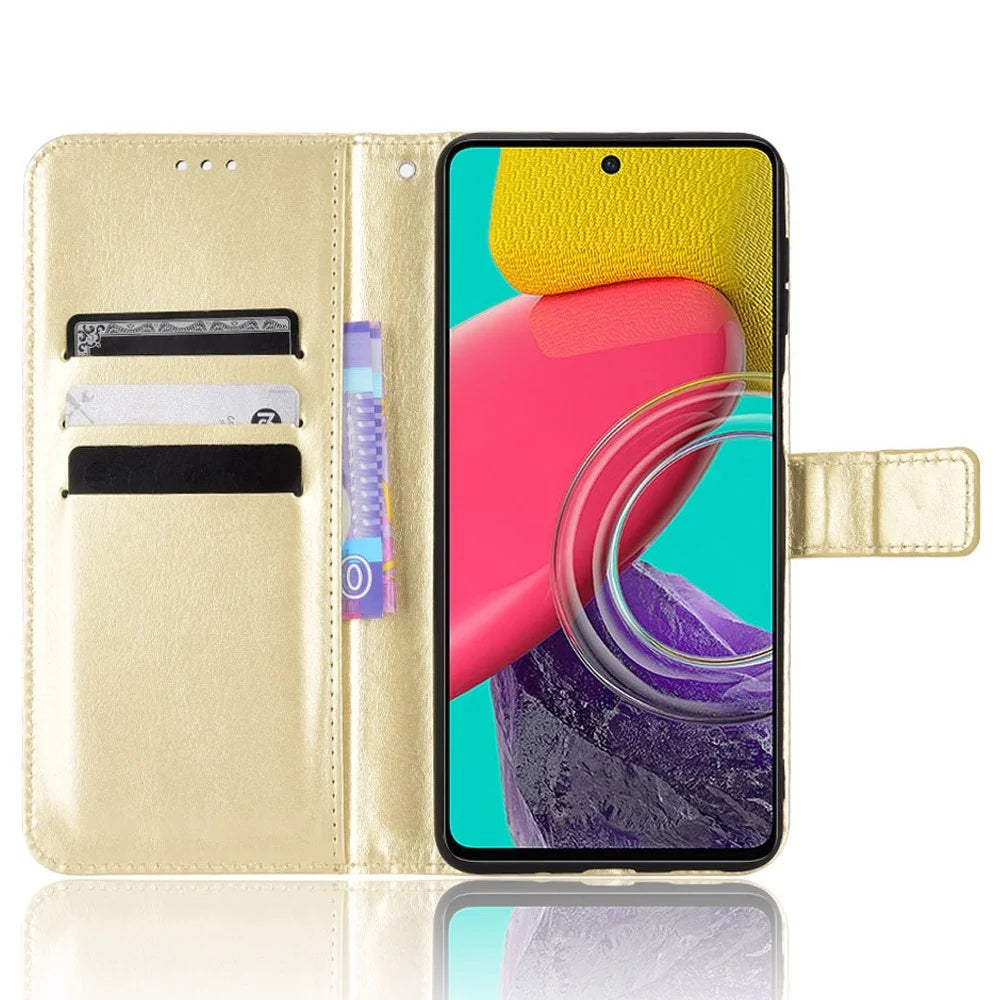 For Samsung Galaxy M33 5G (Global Version) Crazy Horse Texture Wallet Flip Cover PU Leather TPU Inner Shell Magnetic Closure Stand Function Folio Case with Strap - Gold - 2