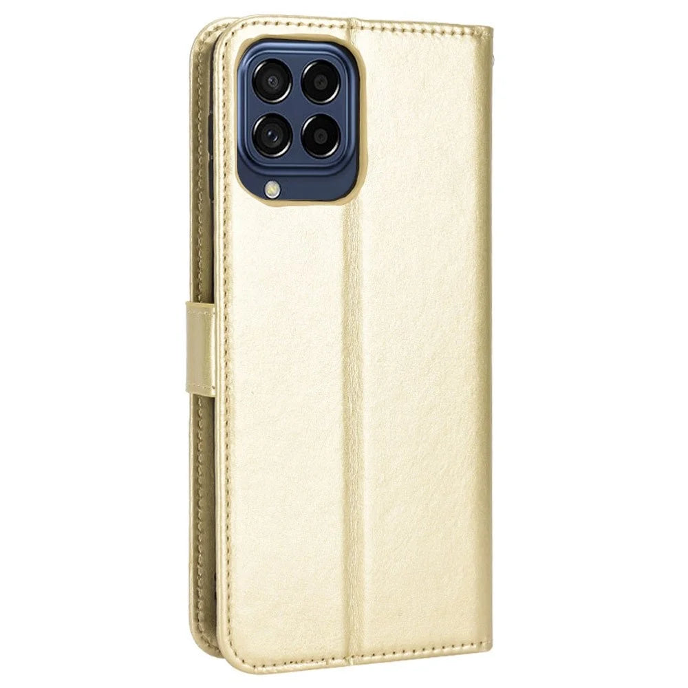 For Samsung Galaxy M33 5G (Global Version) Crazy Horse Texture Wallet Flip Cover PU Leather TPU Inner Shell Magnetic Closure Stand Function Folio Case with Strap - Gold - 5