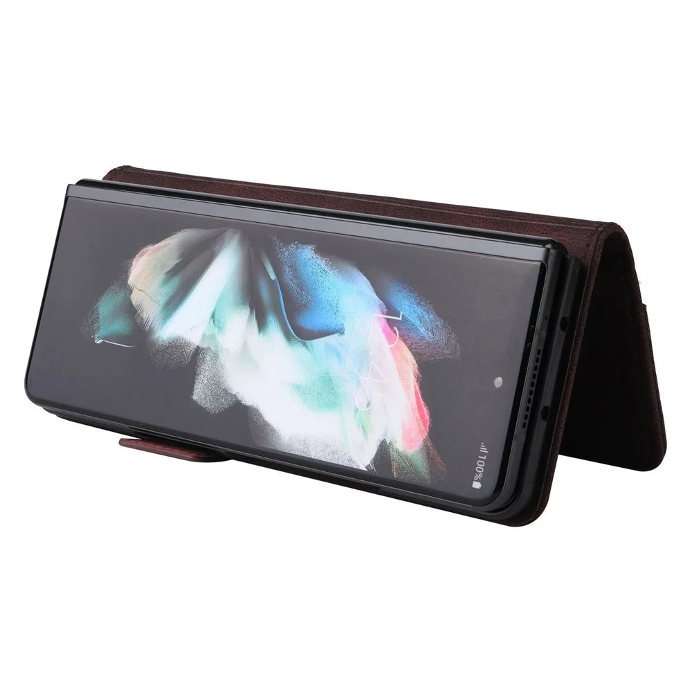 For Samsung Galaxy Z Fold3 5G Hardware Design PU Leather Case Wallet Stand Double Magnetic Clasp Phone Cover - Coffee - 3