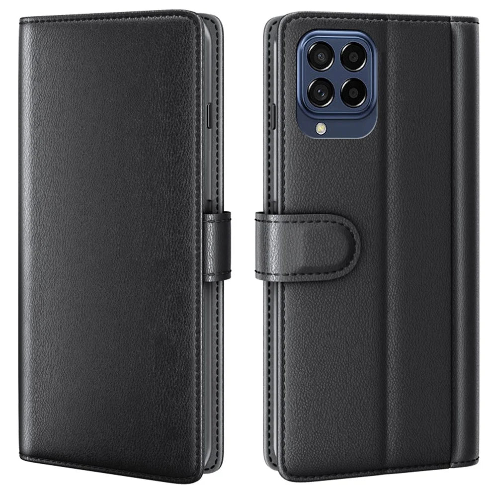 For Samsung Galaxy M33 5G (Global) Case Genuine Split Leather Phone Cover with Wallet Stand - Black - 1