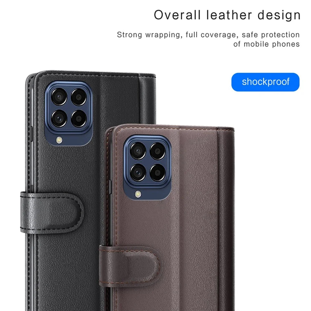 For Samsung Galaxy M33 5G (Global) Case Genuine Split Leather Phone Cover with Wallet Stand - Black - 4
