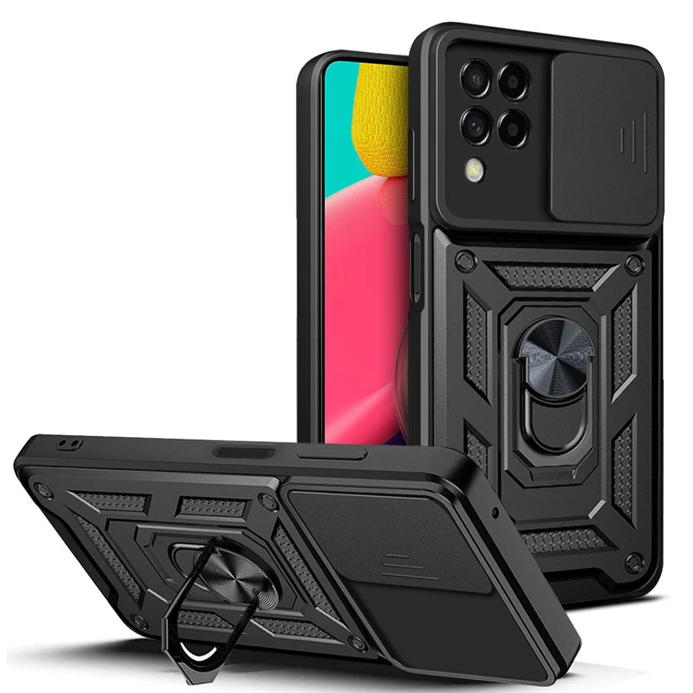 For Samsung Galaxy M53 5G Ring Kickstand Phone Case Soft TPU + Hard PC Hybrid Shockproof Protective Case with Camera Cover - Black - 1