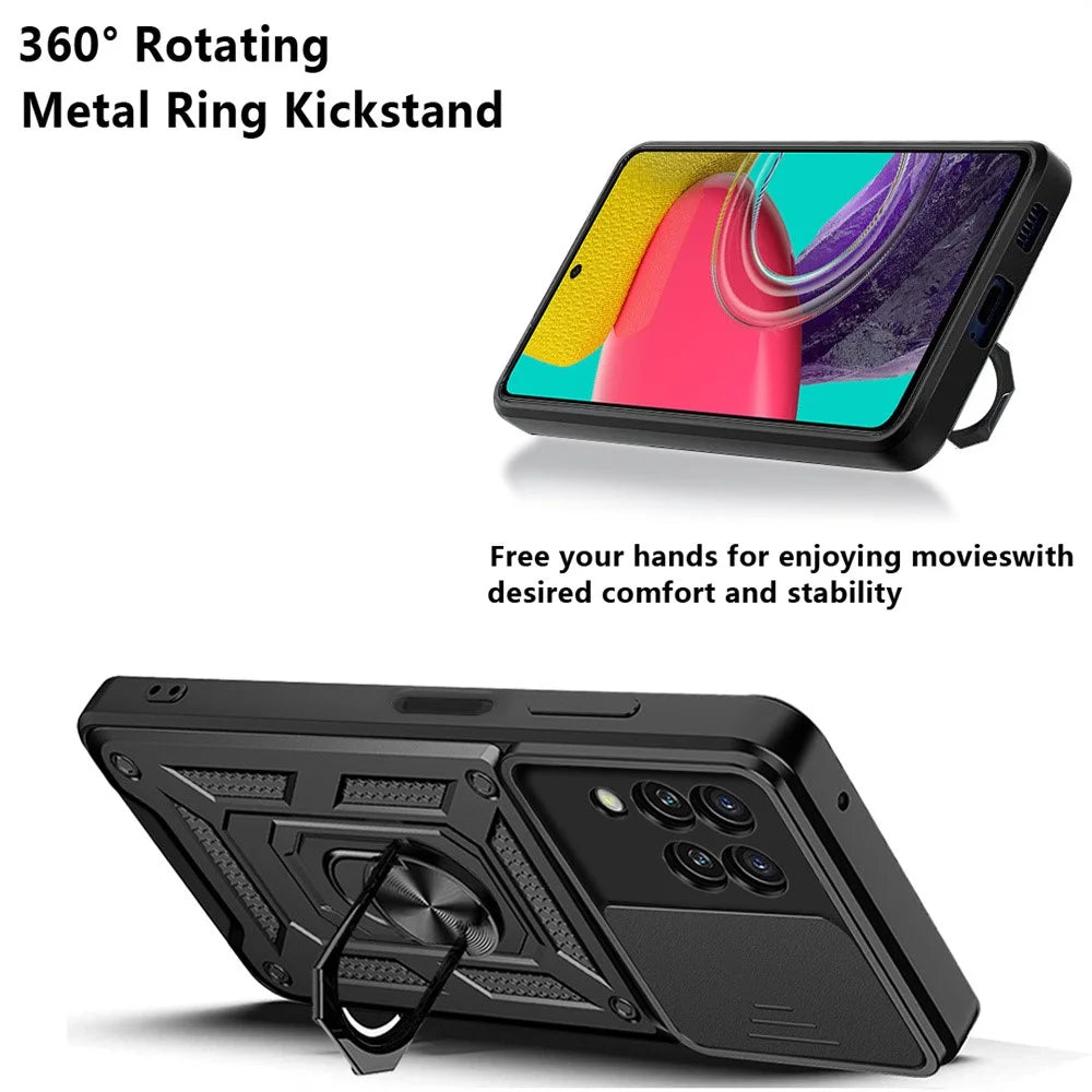For Samsung Galaxy M53 5G Ring Kickstand Phone Case Soft TPU + Hard PC Hybrid Shockproof Protective Case with Camera Cover - Black - 6