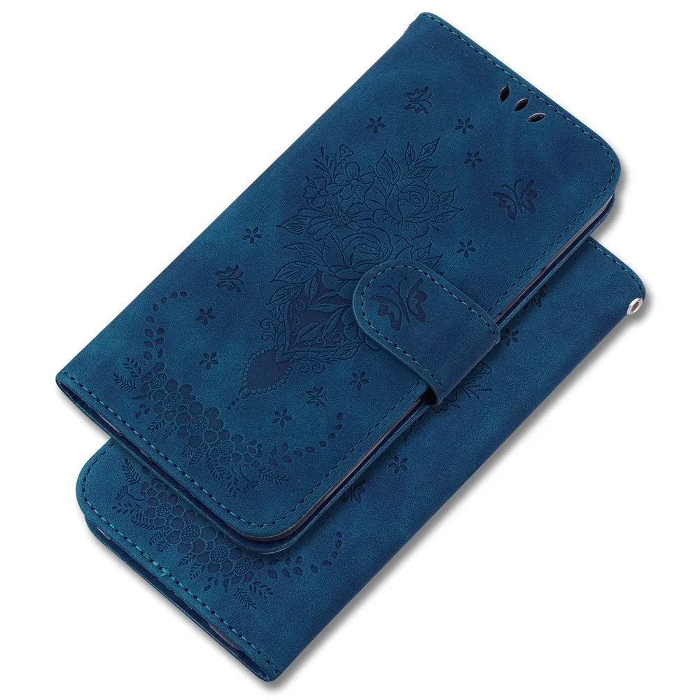 For Samsung Galaxy M33 5G (Global Version) Anti-scratch Phone Cover Imprinting Roses Butterflies Pattern Shockproof Leather Phone Case Wallet Stand - Blue - 6