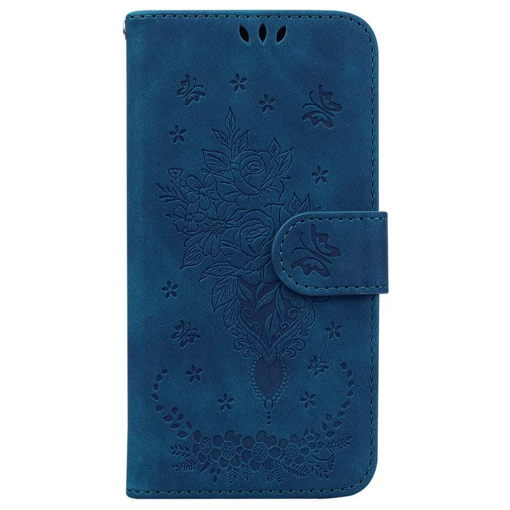 For Samsung Galaxy M33 5G (Global Version) Anti-scratch Phone Cover Imprinting Roses Butterflies Pattern Shockproof Leather Phone Case Wallet Stand - Blue - 7
