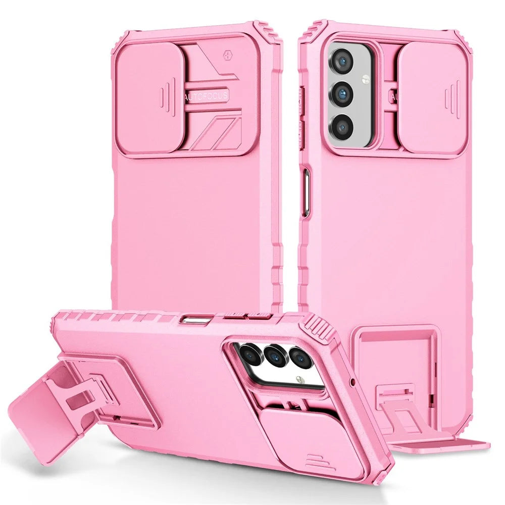 For Samsung Galaxy A13 5G Hands-Free Kickstand Phone Case Shockproof Anti-Scratch PC + TPU Shell with Sliding Camera Protection - Pink - 1