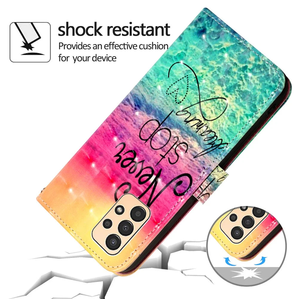 For Samsung Galaxy A13 4G Leather Case 3D Pattern Printing Wallet Stand Mobile Cover with Strap - Never Stop Dreaming - 7