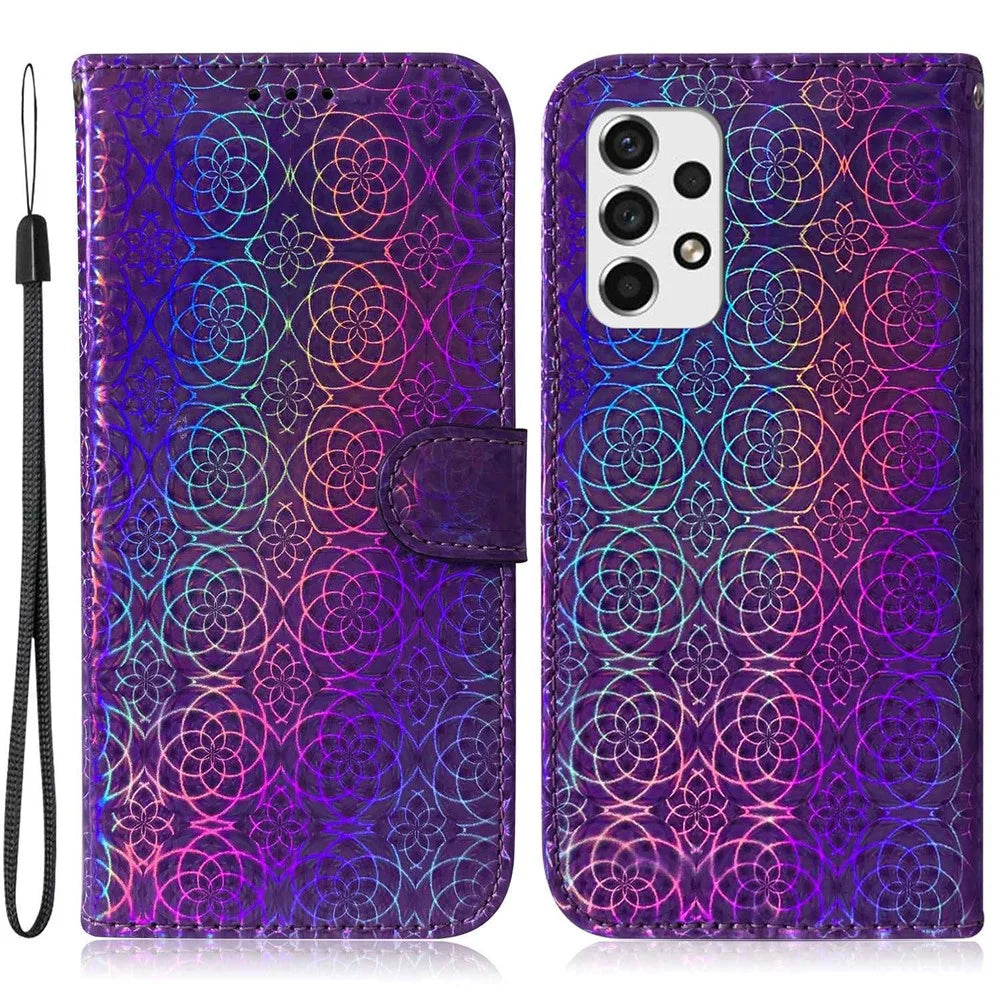 For Samsung Galaxy A33 5G Dazzling Flower Pattern Phone Cover Stand Wallet PU Leather + TPU All-round Protection Case - Purple - 1