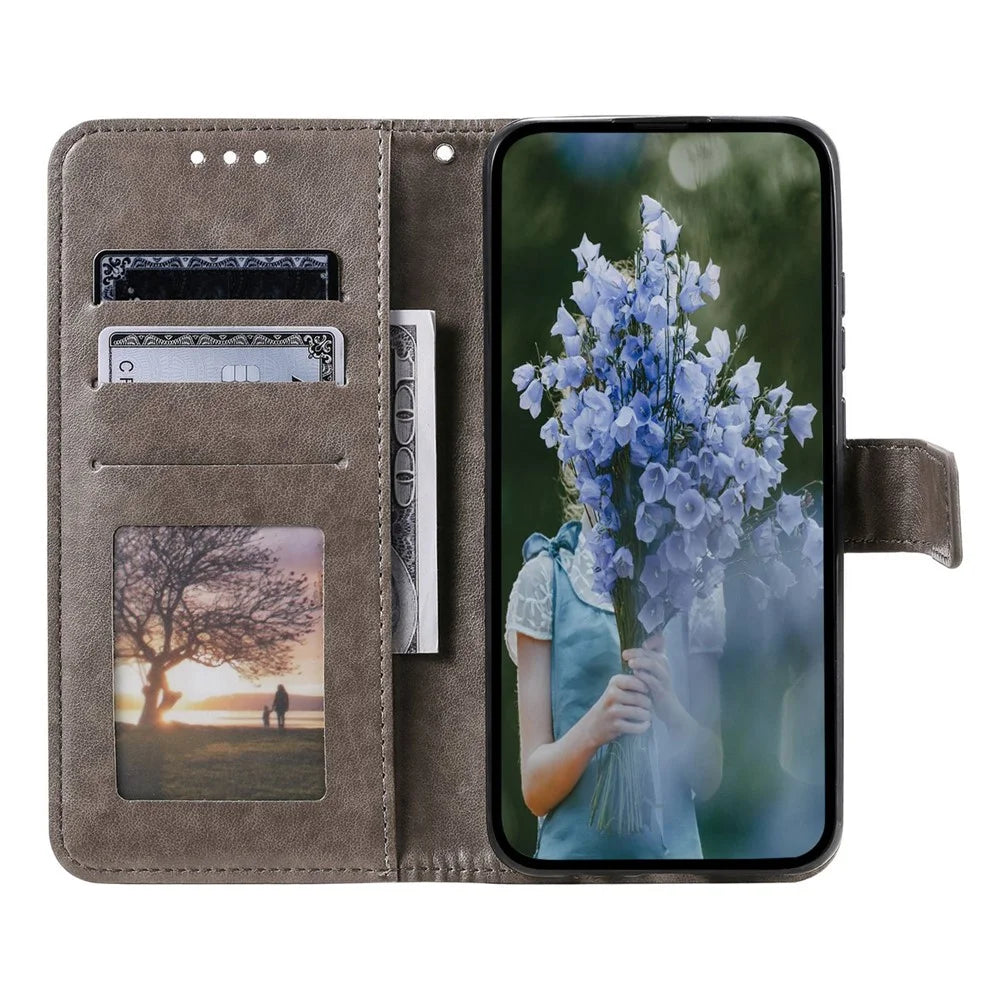 For Samsung Galaxy M13 4G Scratch Resistant Folio Stand Cover Mandala Flower Pattern Imprinted PU Leather Wallet Flip Case with Wrist Strap - Grey - 2