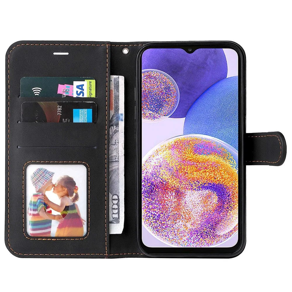 For Samsung Galaxy A23 5G (Global Version) / 4G Mobile Phone Bag Shell PU Leather Wallet Stand Three-color Splicing Style Phone Protection Case - Black - 2