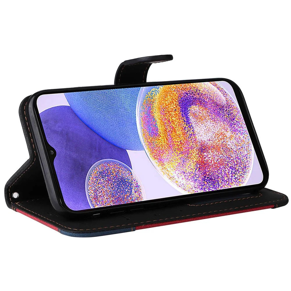For Samsung Galaxy A23 5G (Global Version) / 4G Mobile Phone Bag Shell PU Leather Wallet Stand Three-color Splicing Style Phone Protection Case - Black - 3
