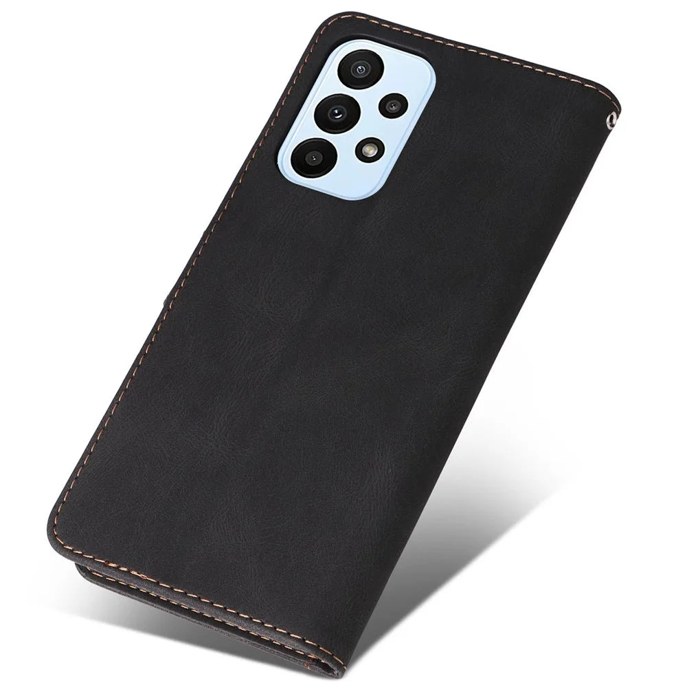 For Samsung Galaxy A23 5G (Global Version) / 4G Mobile Phone Bag Shell PU Leather Wallet Stand Three-color Splicing Style Phone Protection Case - Black - 7