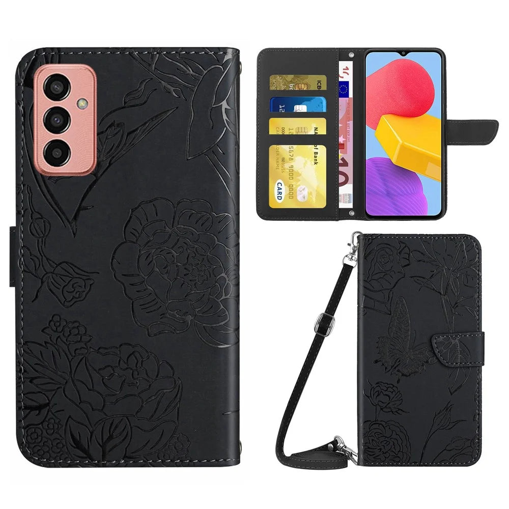 For Samsung Galaxy M13 4G Stand Wallet Phone Case PU Leather Butterfly Flowers Imprinting Skin-touch Protective Cover with Shoulder Strap - Black - 1