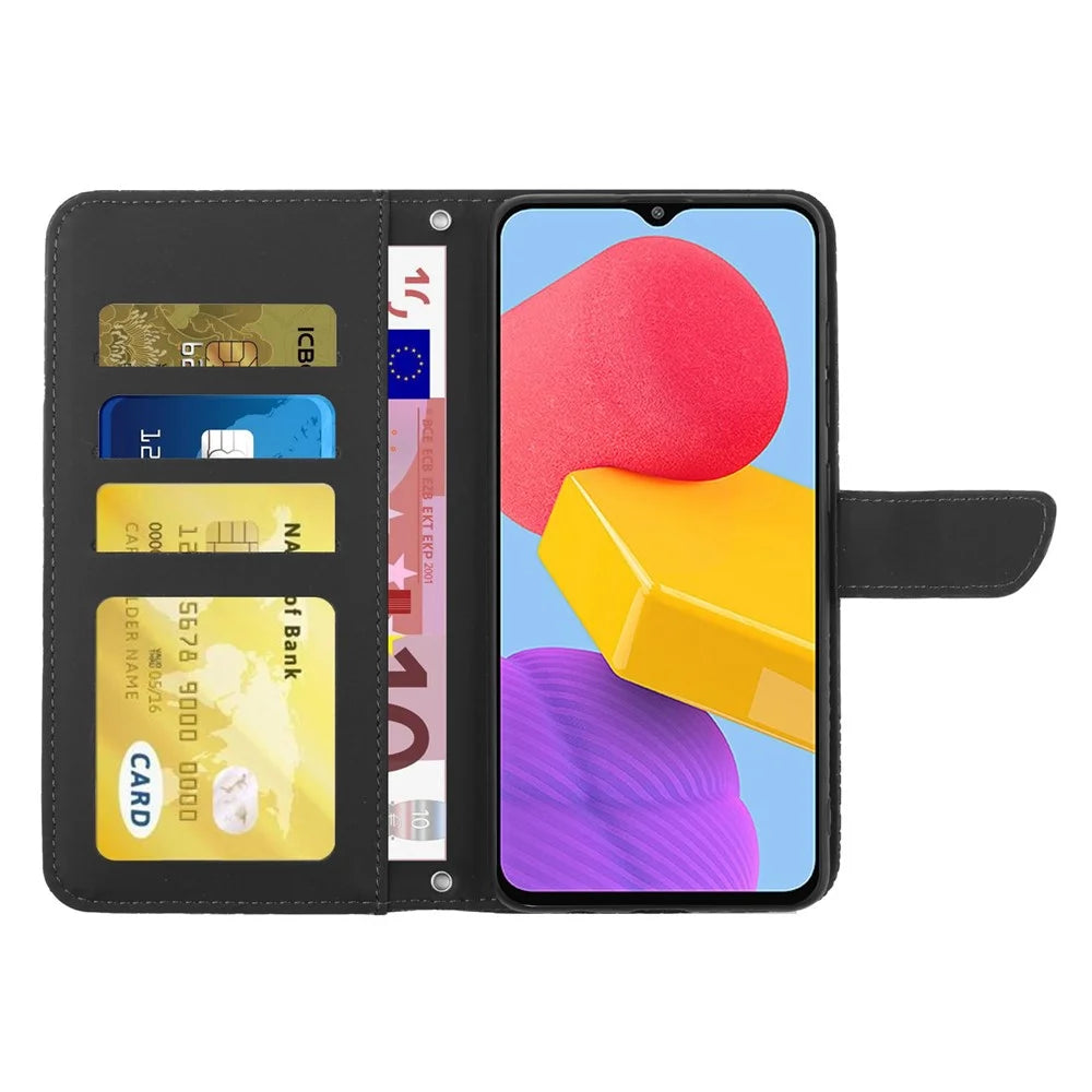 For Samsung Galaxy M13 4G Stand Wallet Phone Case PU Leather Butterfly Flowers Imprinting Skin-touch Protective Cover with Shoulder Strap - Black - 2