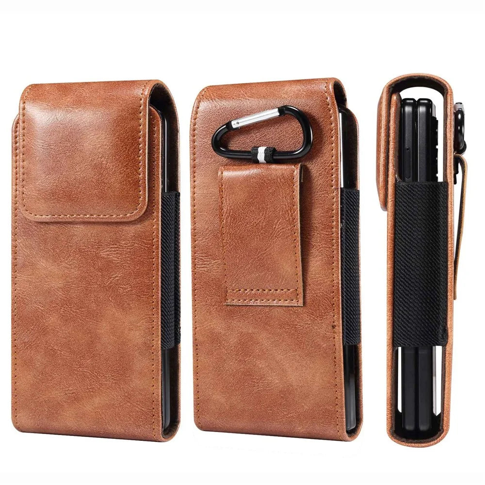 For Samsung Galaxy Z Fold7 5G / Z Fold4 5G / Z Fold3 5G / Huawei Mate X Textured Microfiber Leather Belt Loop Waist Bag Vertical Flip Cellphone Holster Case - Brown - 1
