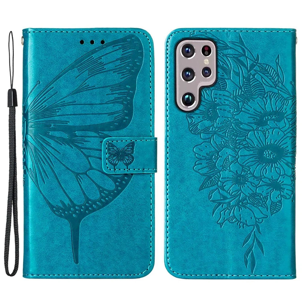 For Samsung Galaxy S23 Ultra Wallet Case with Wrist Strap Butterfly Imprint Leather Phone Cover - Blue - 1