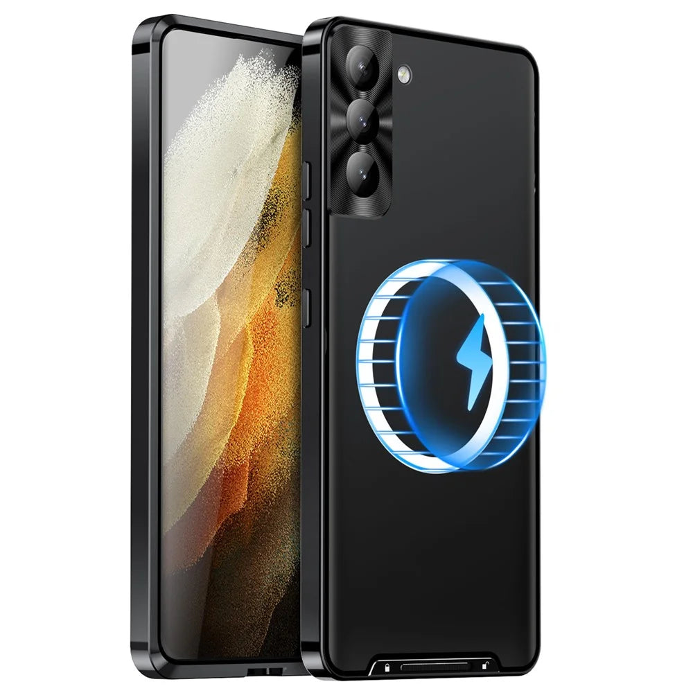 For Samsung Galaxy S21 FE 5G Magnetic Adsorption Matte Phone Cover TPU Back + Metal Edge Integrated Lens Protection Bump Proof Case - Black - 1