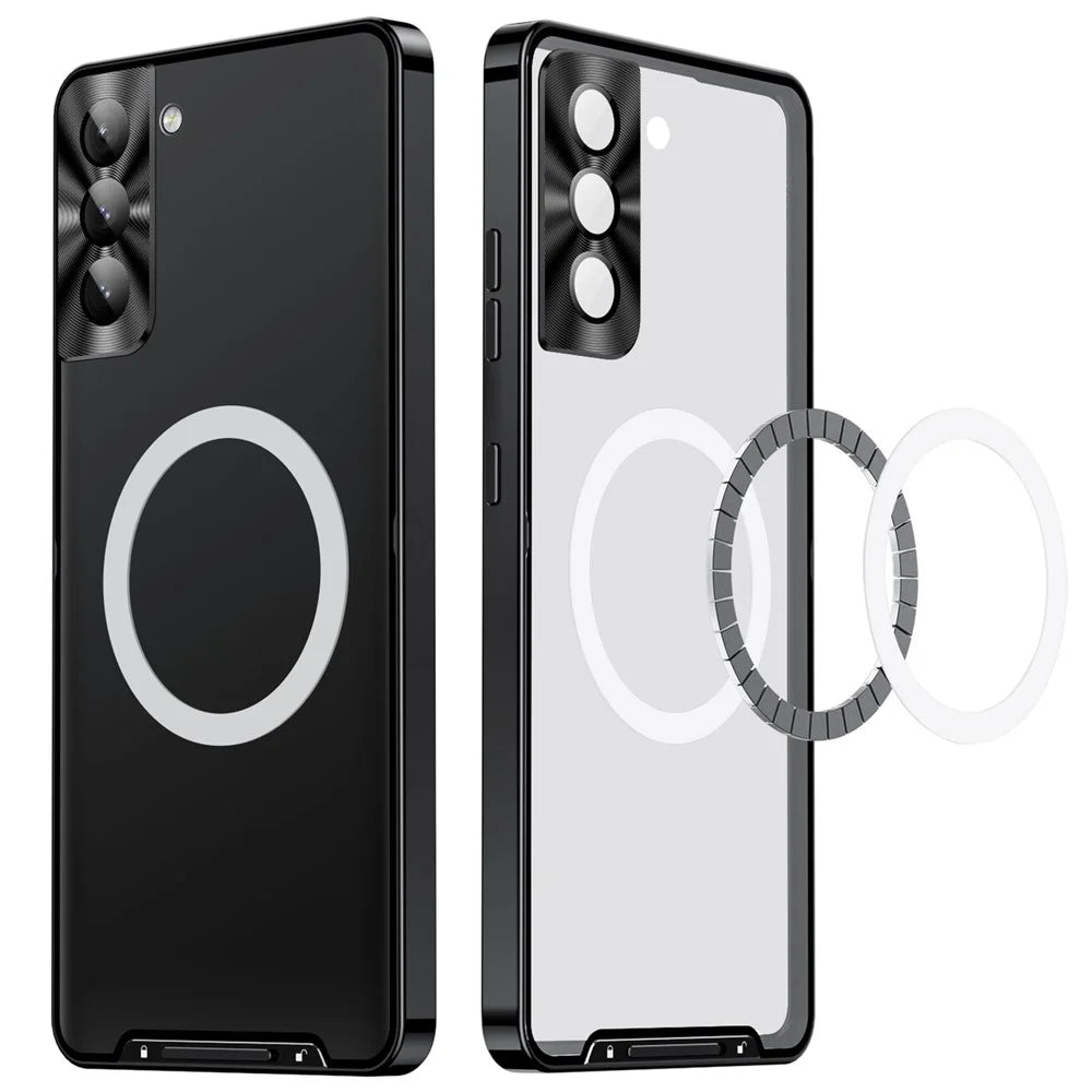 For Samsung Galaxy S21 FE 5G Magnetic Adsorption Matte Phone Cover TPU Back + Metal Edge Integrated Lens Protection Bump Proof Case - Black - 3