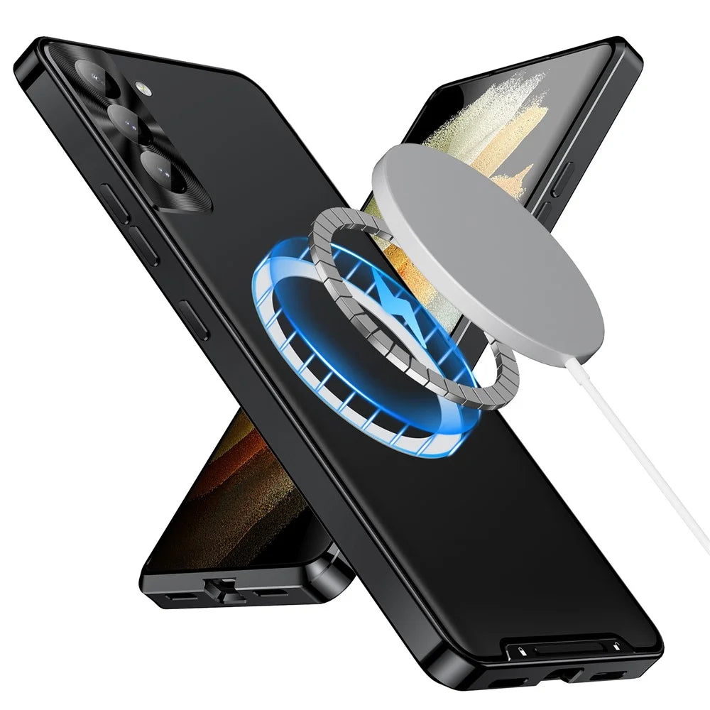 For Samsung Galaxy S21 FE 5G Magnetic Adsorption Matte Phone Cover TPU Back + Metal Edge Integrated Lens Protection Bump Proof Case - Black - 4