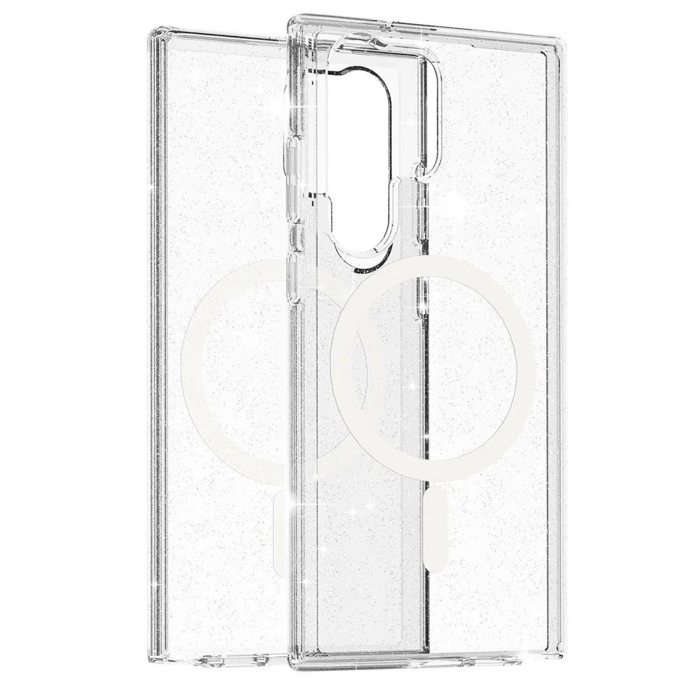 For Samsung Galaxy S23 Ultra Magnetic Clear Case Hard PC Soft TPU Glitter Phone Cover - Shiny White - 2