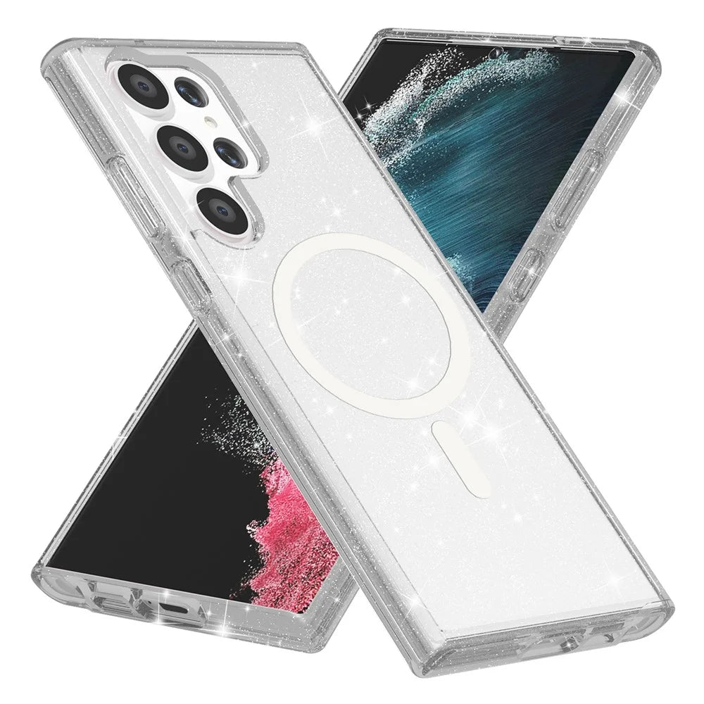 For Samsung Galaxy S23 Ultra Magnetic Clear Case Hard PC Soft TPU Glitter Phone Cover - Shiny White - 4