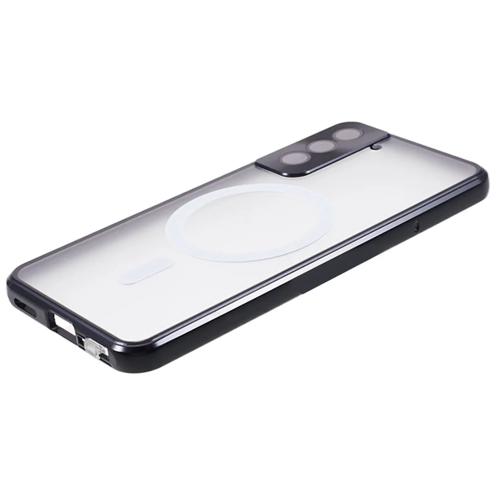 For Samsung Galaxy S22 5G Magnetic Metal Frame Phone Case Tempered Glass Back Frosted PC Double-sided Protection Cover - Black - 6