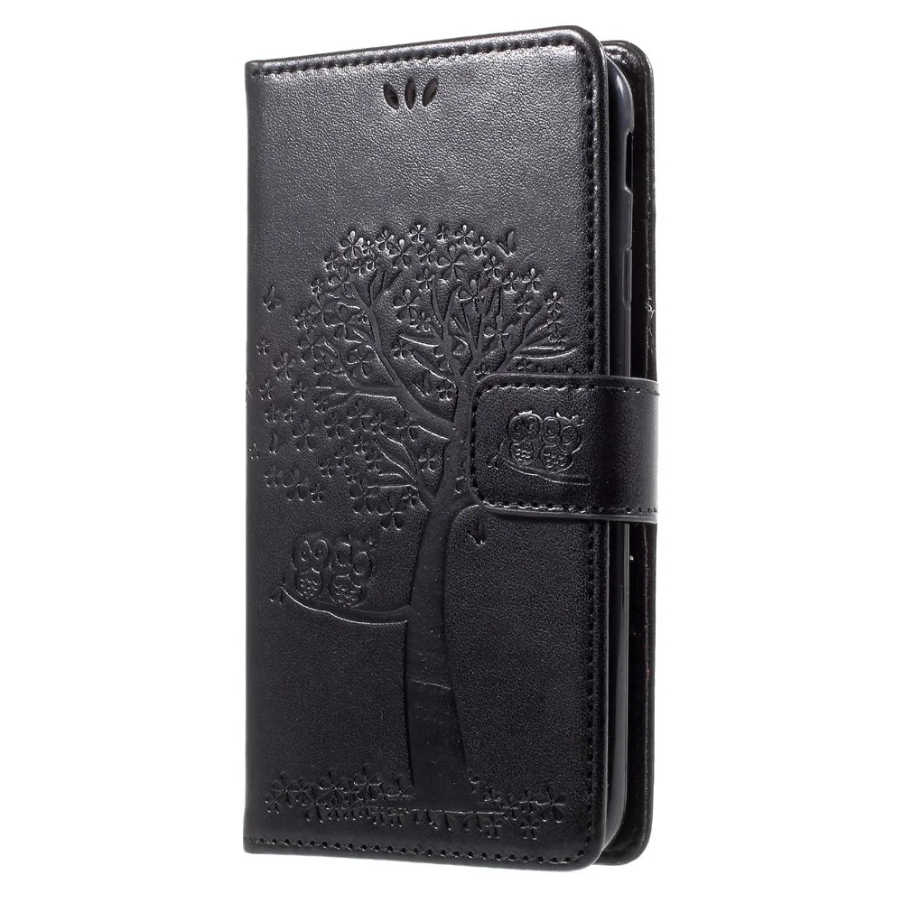 Imprint Tree Owl Magnetic Wallet PU Leather Stand Case for Samsung Galaxy J7 (2017) EU / Asia Version - Black - 3