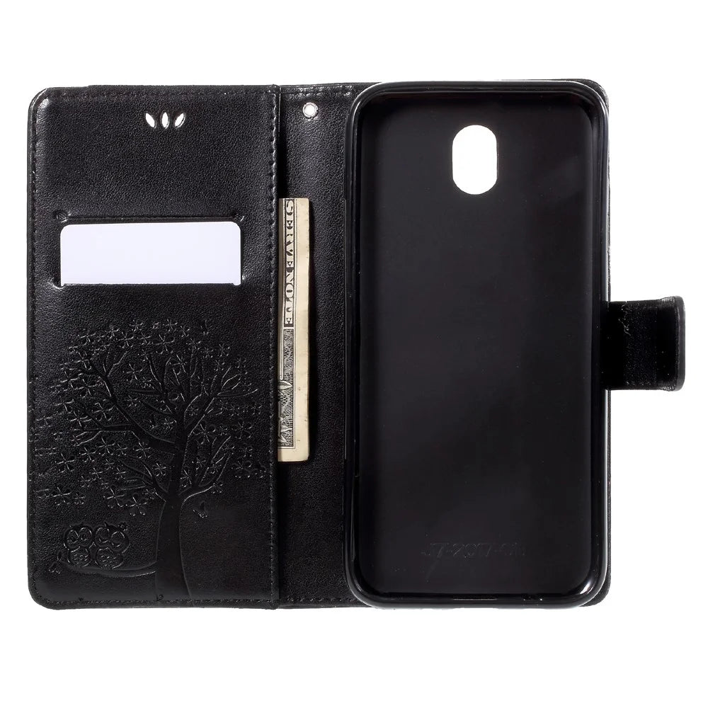 Imprint Tree Owl Magnetic Wallet PU Leather Stand Case for Samsung Galaxy J7 (2017) EU / Asia Version - Black - 5