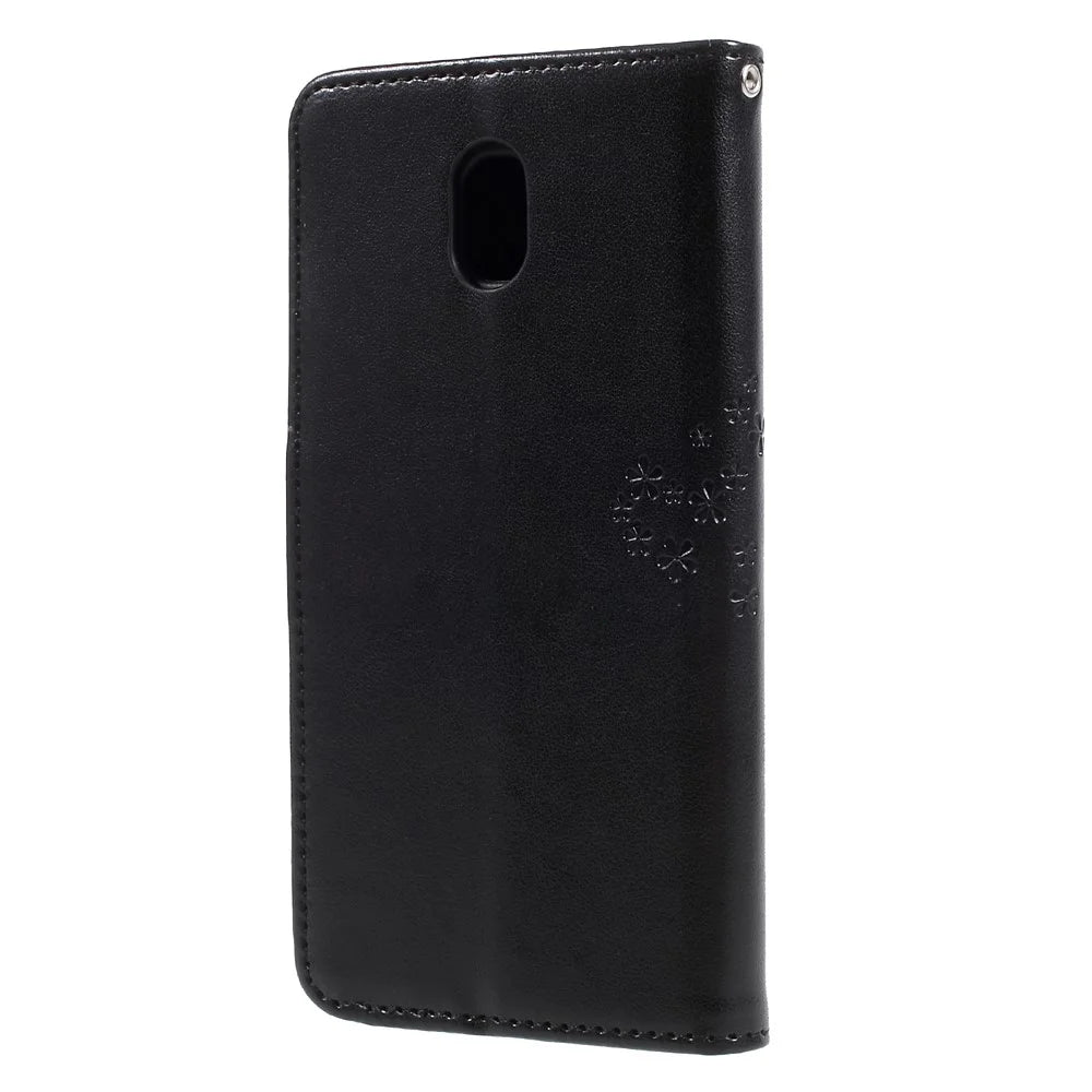 Imprint Tree Owl Leather Wallet Cover for Samsung Galaxy J3 (2017) EU Version - Black - 2