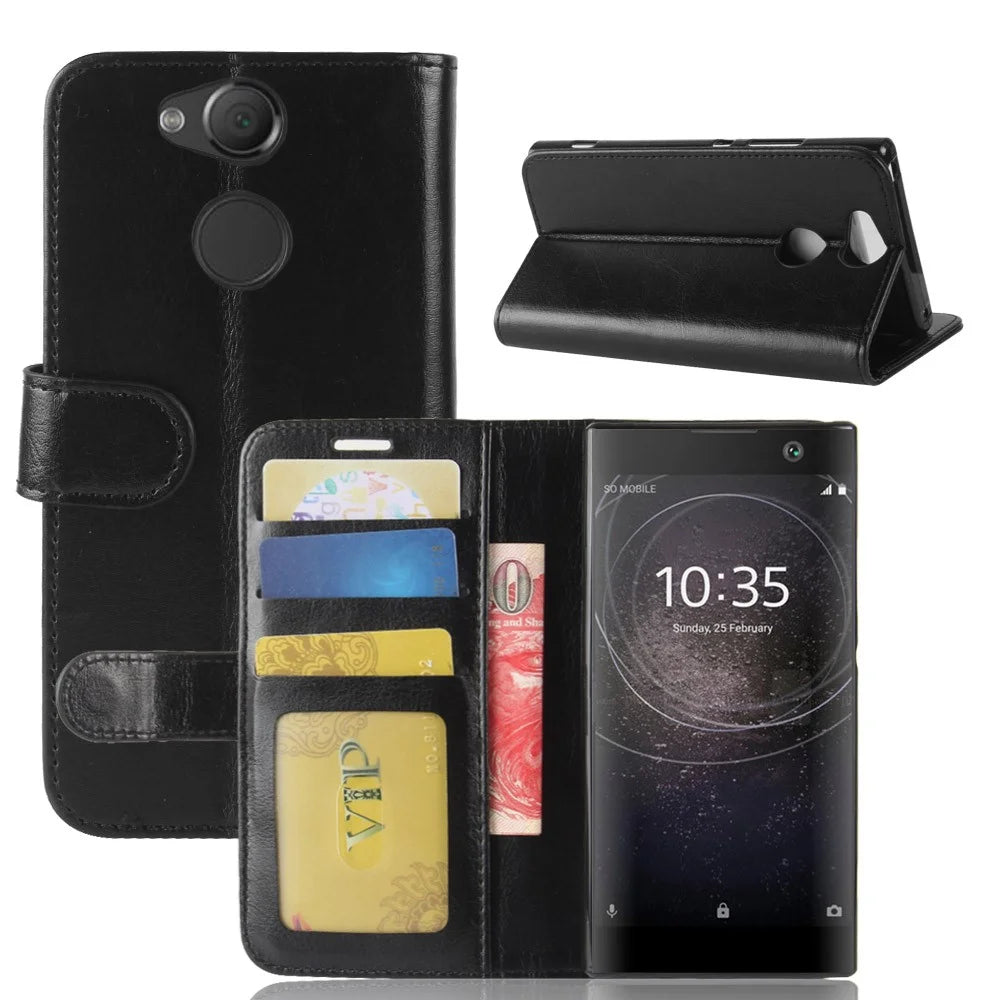 Crazy Horse Wallet Leather Cell Phone Case for Sony Xperia XA2 - Black - 2